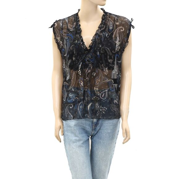 Zadig & Voltaire Thym Paisley Printed Blouse Top Ruffle Pintuck Sheer XS 267437 - Picture 3 of 8